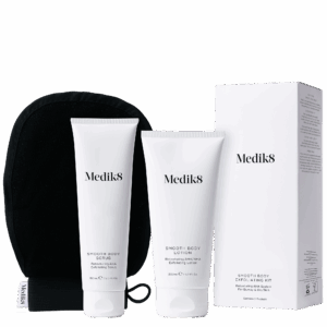 Smooth Body Exfoliating Kit – peeling, hydratačné mlieko a rukavice, 150 ml + 200 ml, vyhladzujúce trio s AHA kyselinami pre suchú a drsnú pokožku