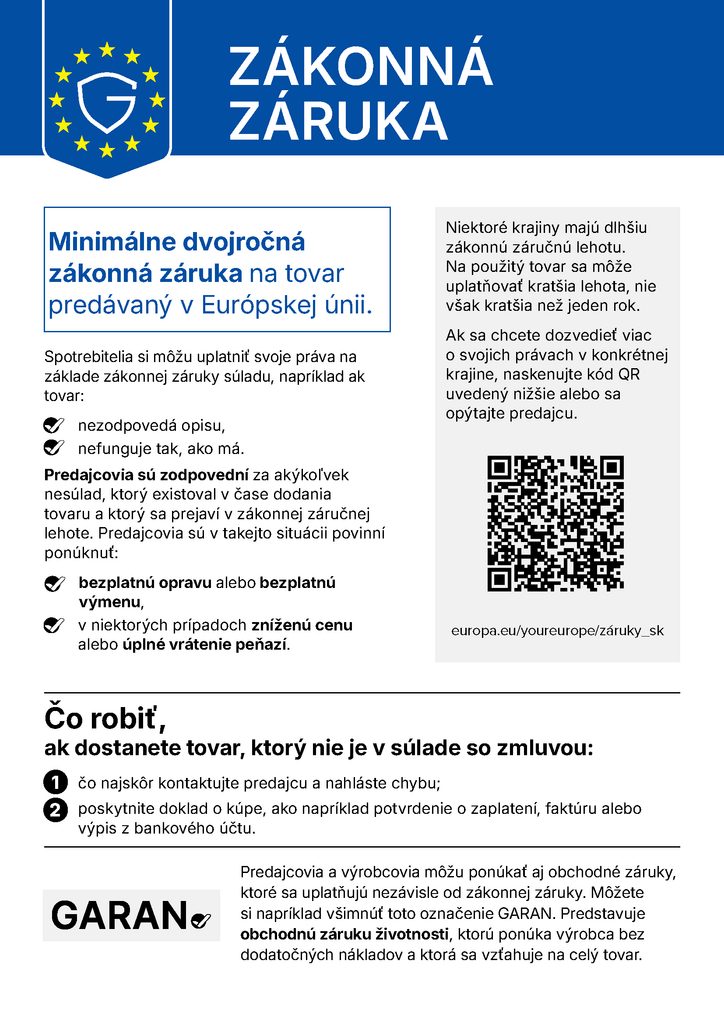 Harmonizované oznámenie EÚ o zákonných právach spotrebiteľa pri vadnom tovare.
